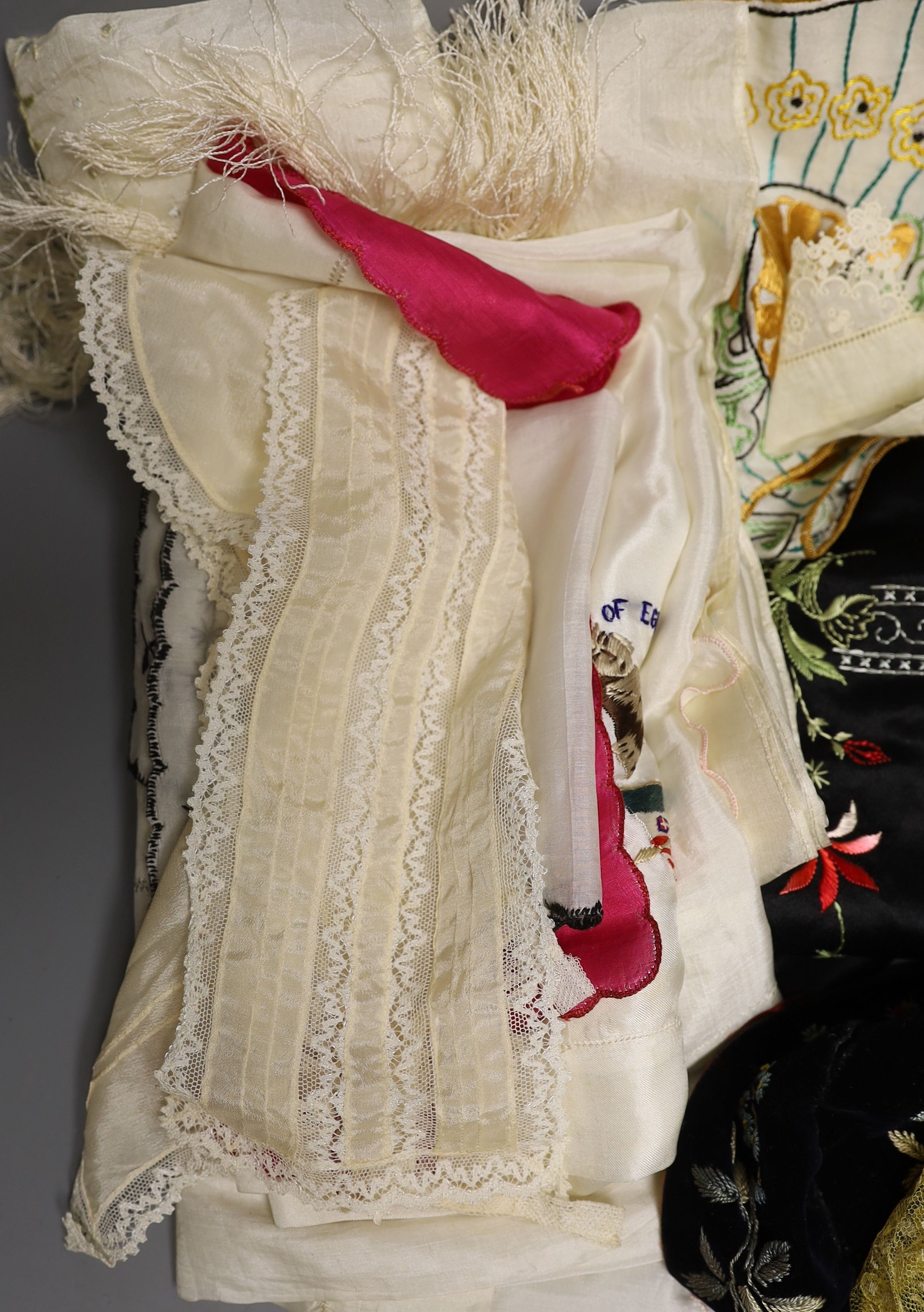 An Edwardian silk stole, a Victorian gents velvet smoking cap, various silk hankies, coloured embroidered lace collars etc